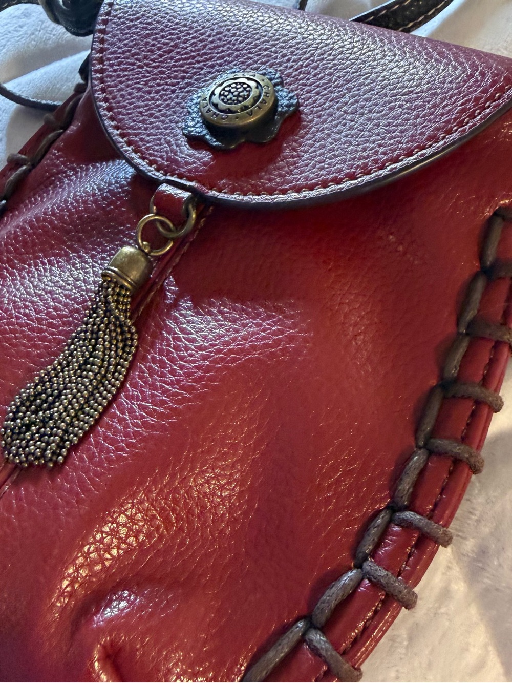 Chala Red Faux Leather Crossbody Phone Pouch Tassel Whipstitch Mini Bag